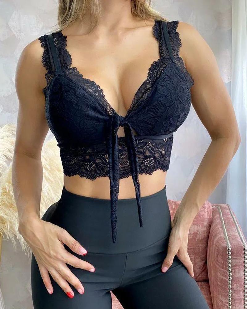

Crochet Lace Cutout Tied Detail Crop Top, Black