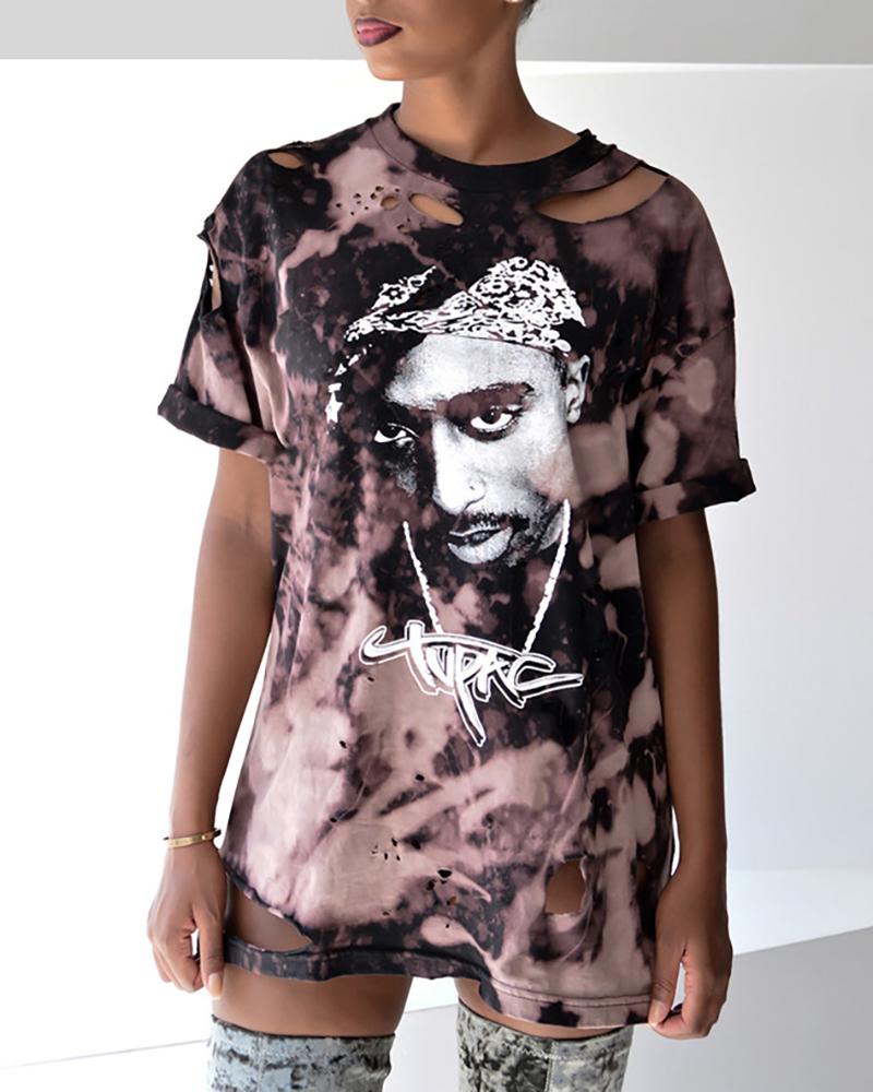 

Figure Print Short Sleeve Cutout T-shirt, Purple
