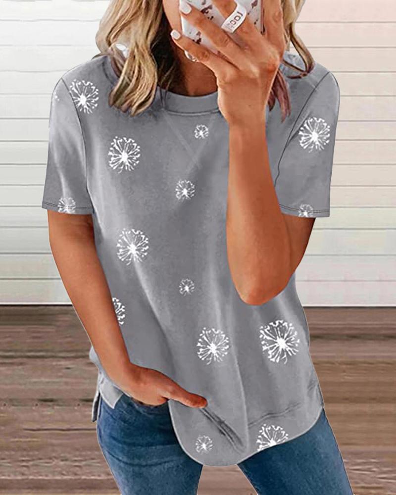 

Dandelion Print Round Neck Short Sleeve T-Shirt, Gray