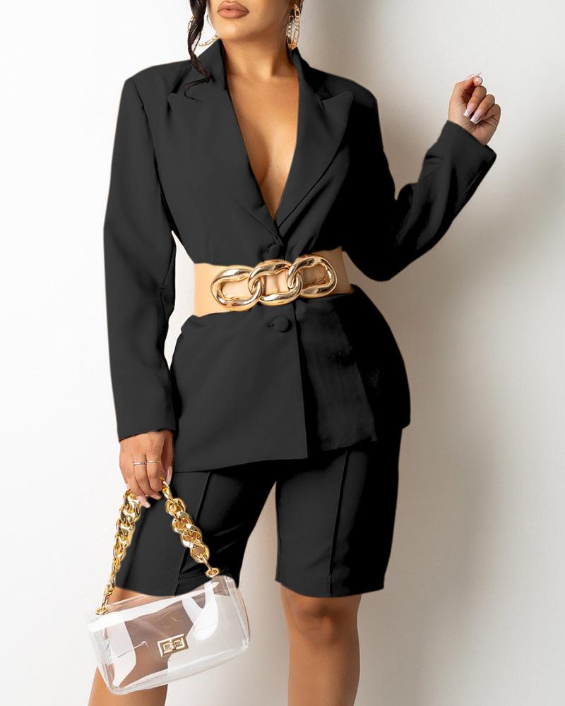 

Long Sleeve Buttoned Blazer Coat & Shorts Set, Black