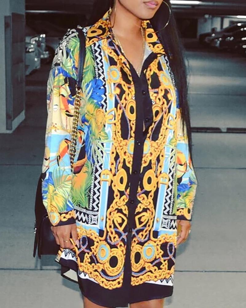 

Baroque Print Casual Shirt Dress, Blue