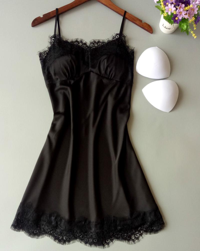 

Spaghetti Strap Lace Trim Cami Dress, Black