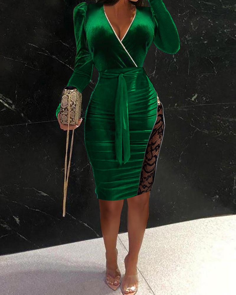 

Contrast Lace Puff Sleeve Zip Detail Velvet Party Dress, Dark green