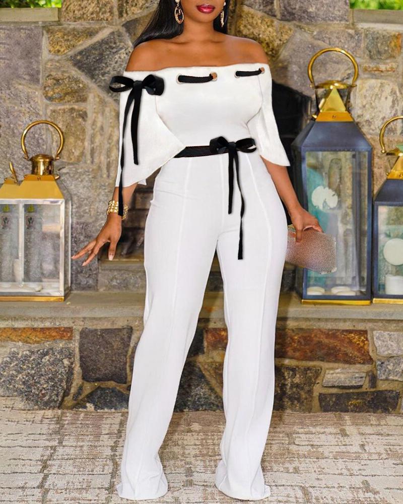 

Off Shoulder Eyelet Tied Flared Sleeves Jumpsuit, White