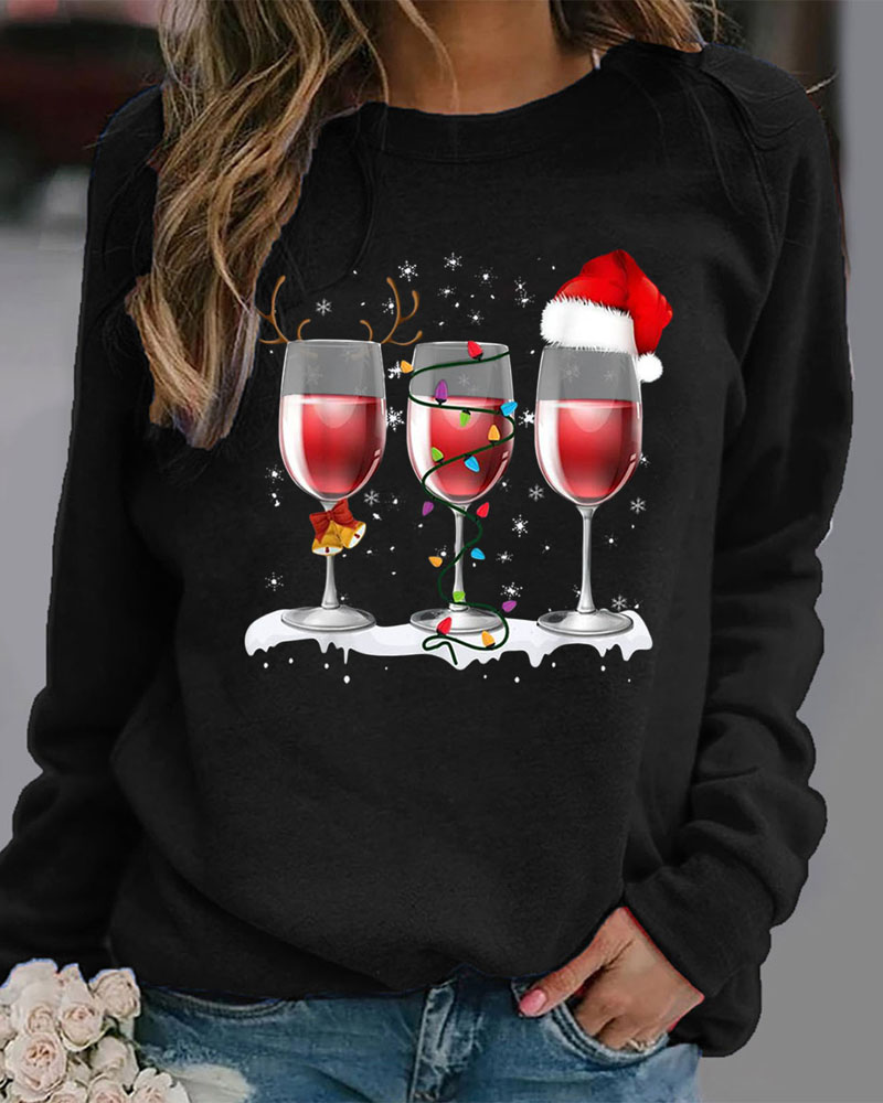 

Christmas Hat Wine Glass Print Long Sleeve Top Casual O Neck Daily Shirt, Black