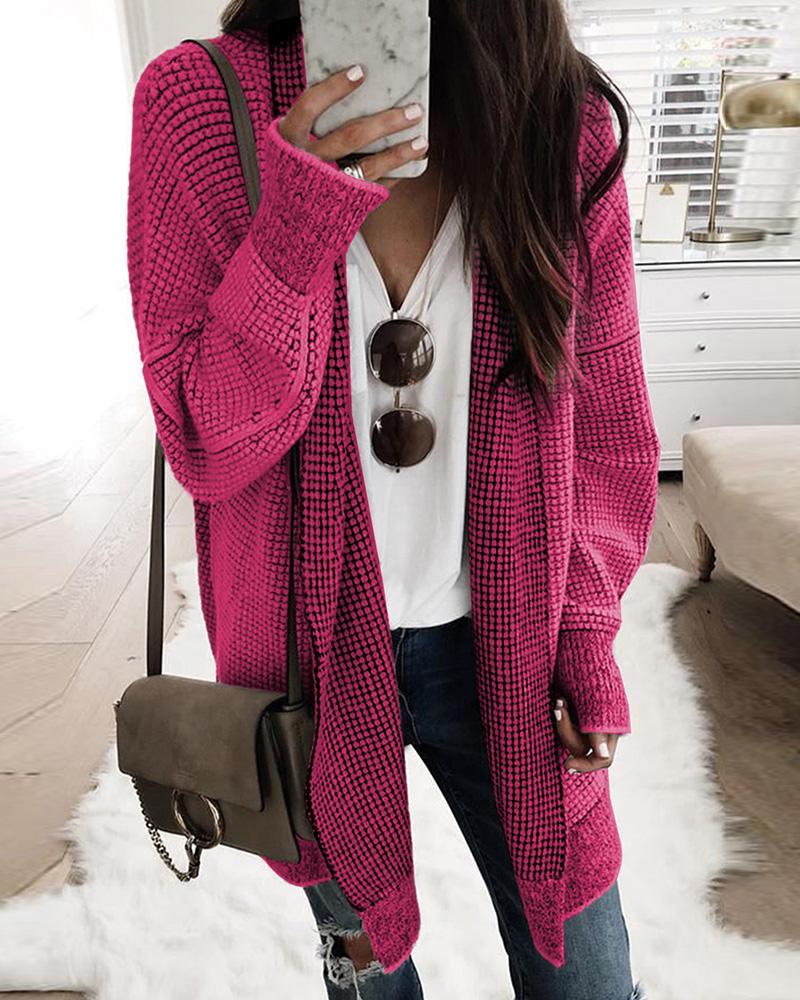 

Plaid Knitted Open Front Longline Cardigan, Hot pink