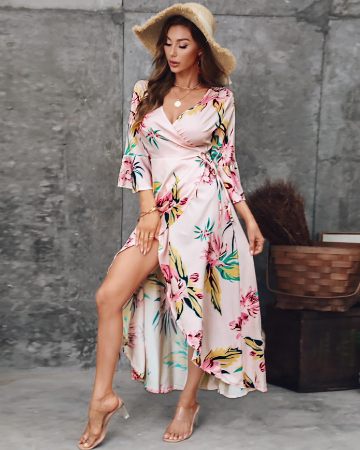 

Floral Print V-Neck Split Dress, Multicolor