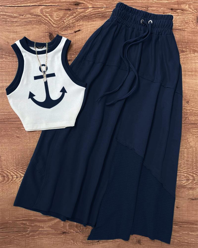 

2 Pieces Contrast Paneled Anchor Print Sleeveless Tank Top and Drastring Strechy Waist Skirt Set, Dark blue