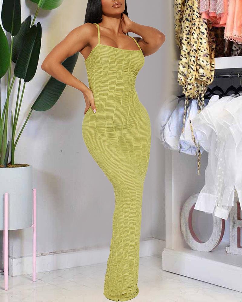 

Textured Ruched Spaghetti Strap Bodycon Dress, Green