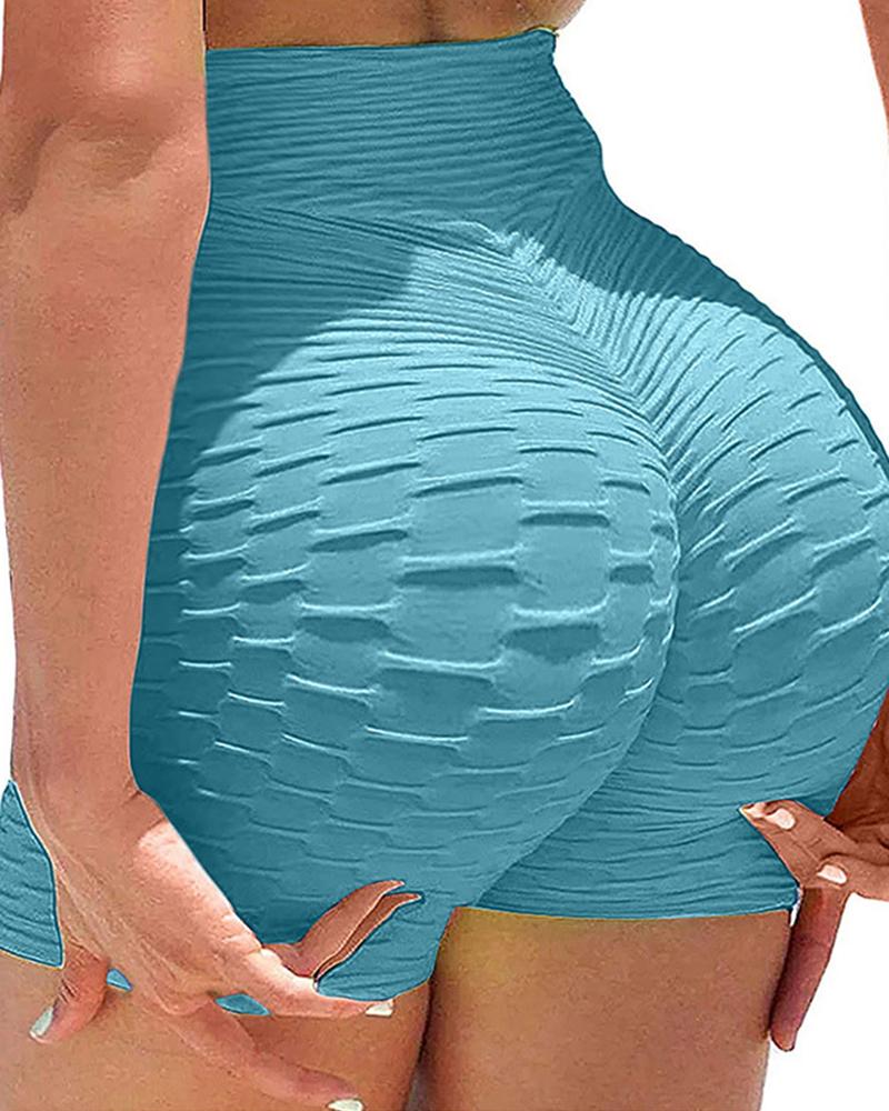 

High Waist Booty Shorts Butt Lifting Bubble Textured Yoga Shorts, Lighted blue