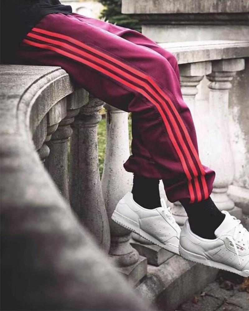 

Solid Color Side Striped Baggy Jogger Pants, Wine red