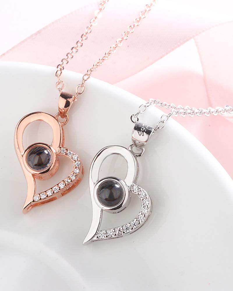 

Valentine's Day Heart Pattern Rhinestone Pendant Chain Necklace, Silver