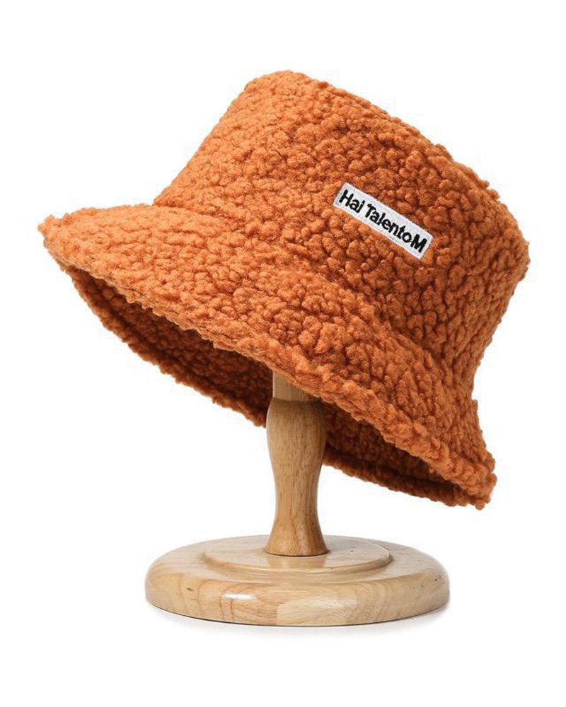 

Letter Embroidery Fluffy Winter Thermal Bucket Hat, Coffee