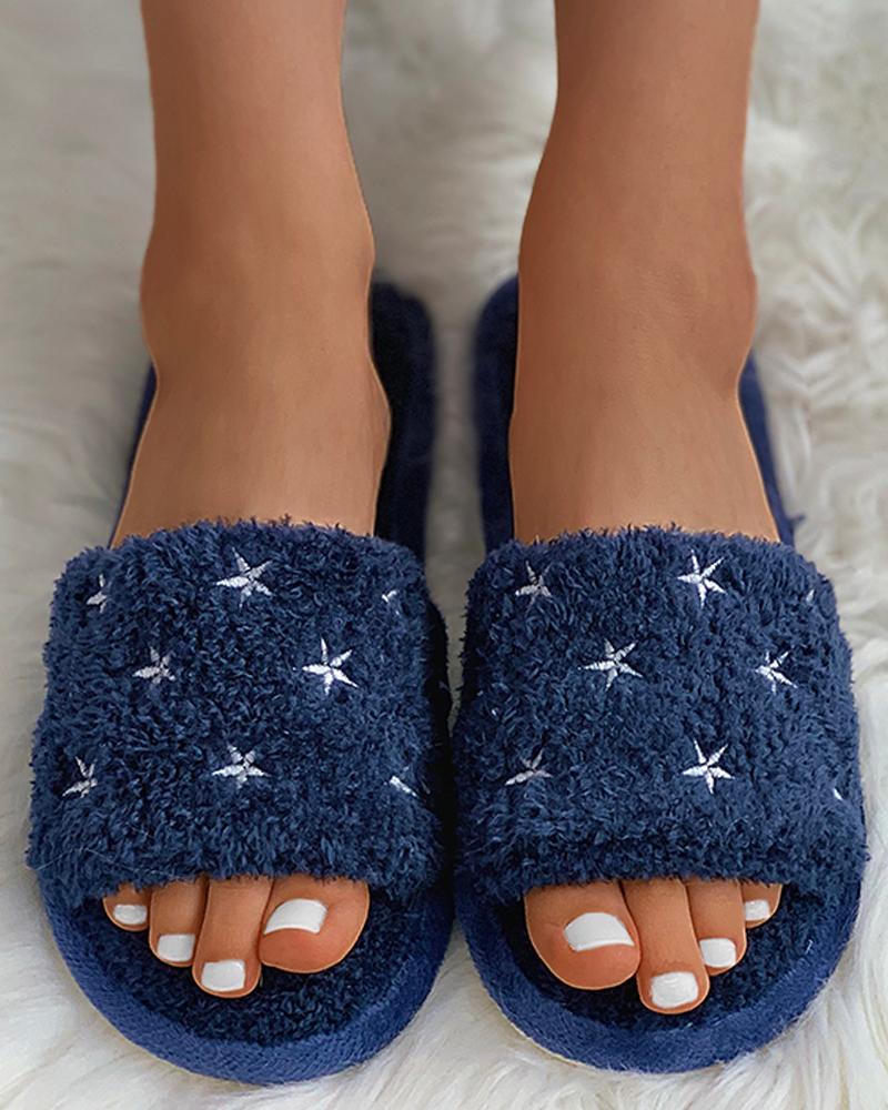 

Star Pattern Fluffy Slippers, Blue