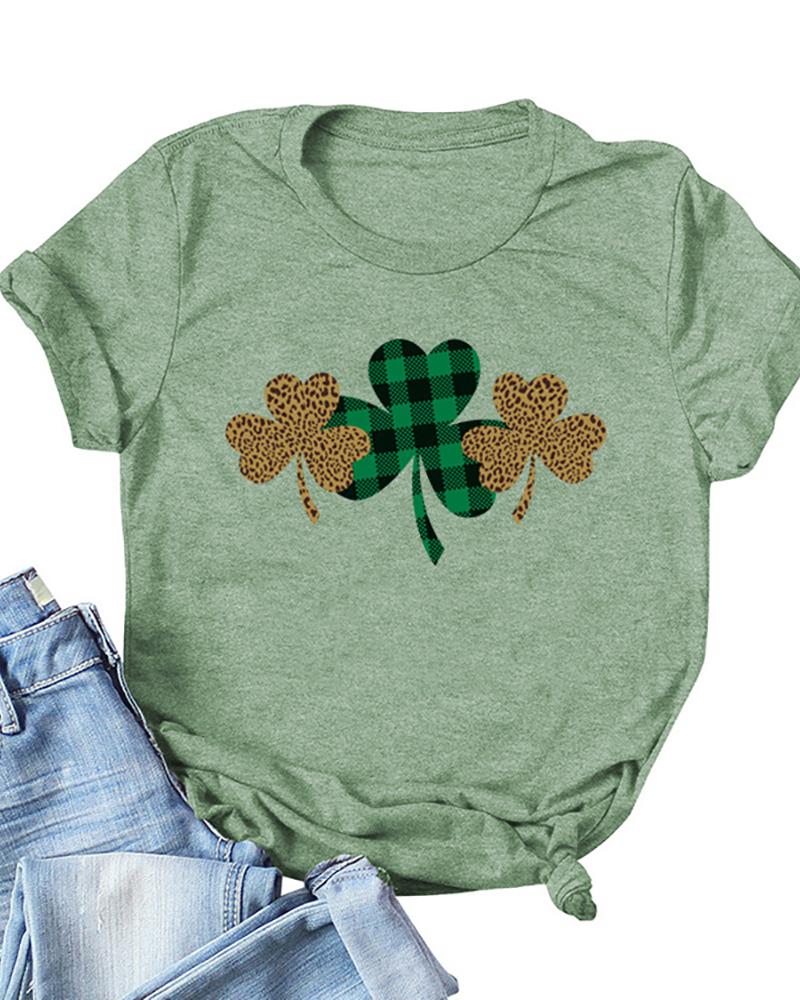 

St.Patrick' Day Clover Print Round Neck T-Shirt, Green