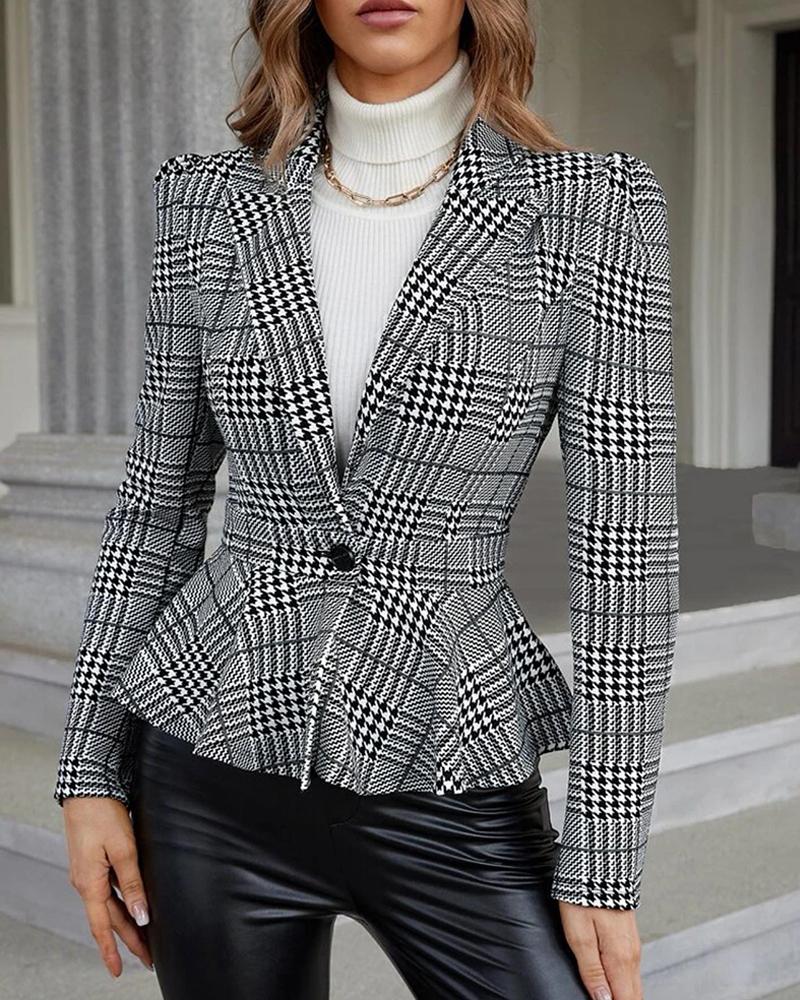 

Houndstooth Plaid Print Ruffle Hem Blazer Coat, Gray