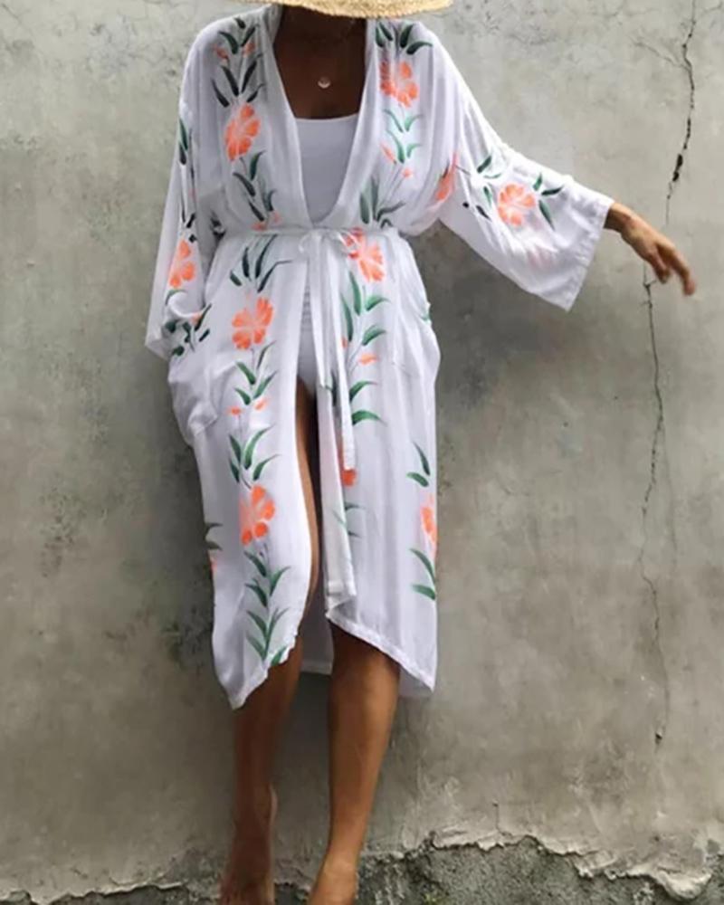 

Floral Plant Print Tied Detail Cover Up Robe, Pink