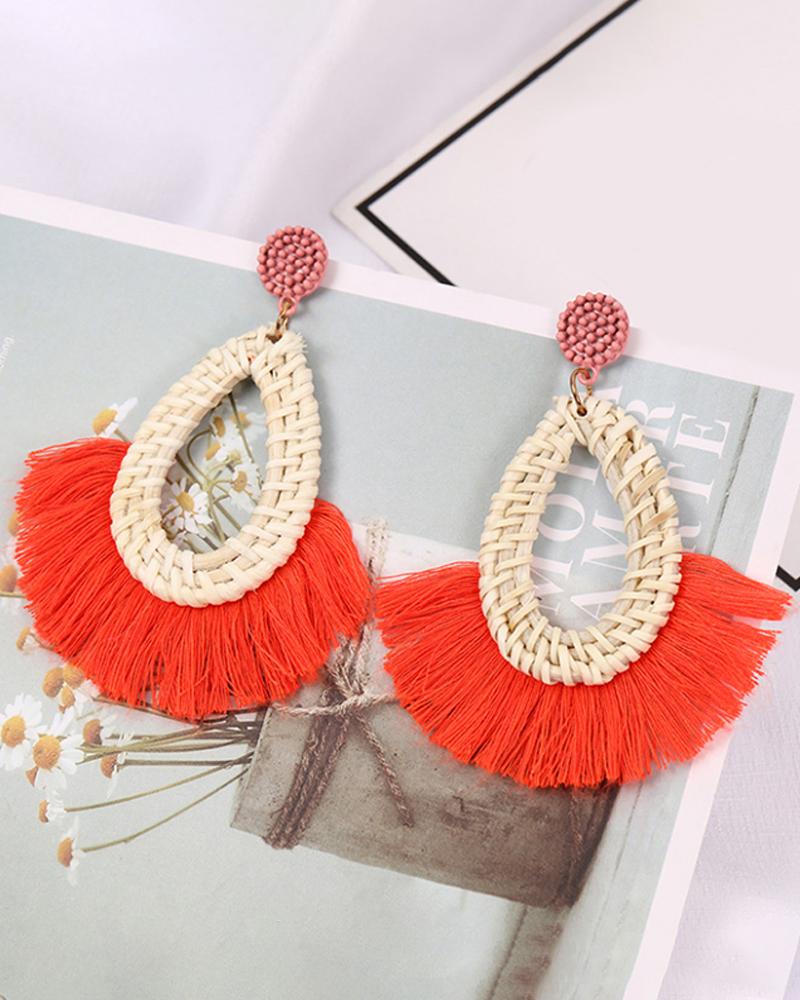 

1Pair Braided Waterdrop Tassel Design Drop Earrings, Red