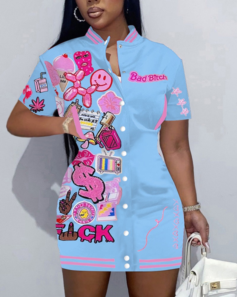 

Graphic Print Baseball Collar Casual Dress, Blue