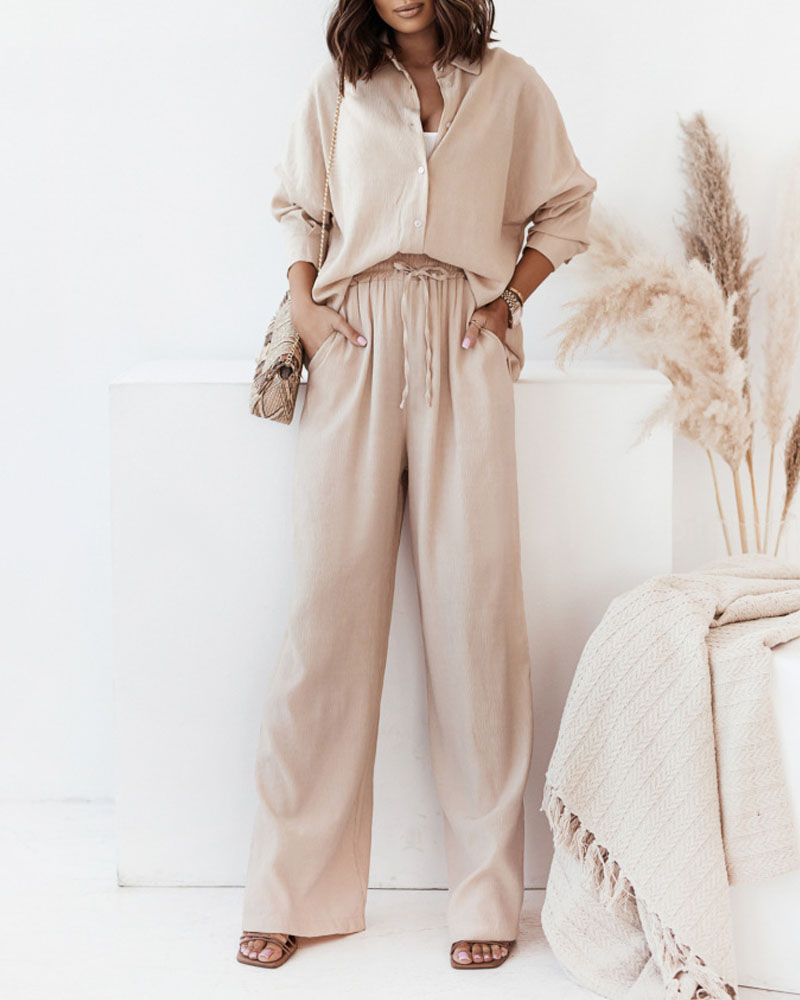 

Long Sleeve Button Down Shirt & High Waist Pants Set, Apricot