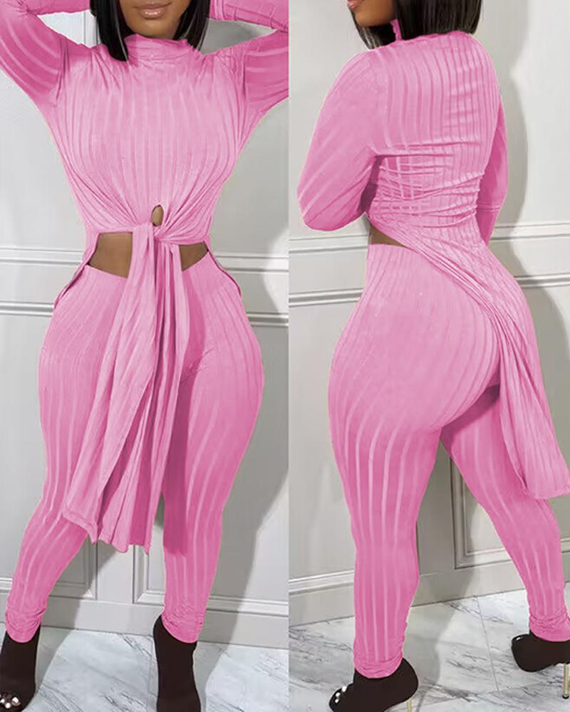 

Mock Neck Slit Tied Detail Longline Top & Pants Set, Pink