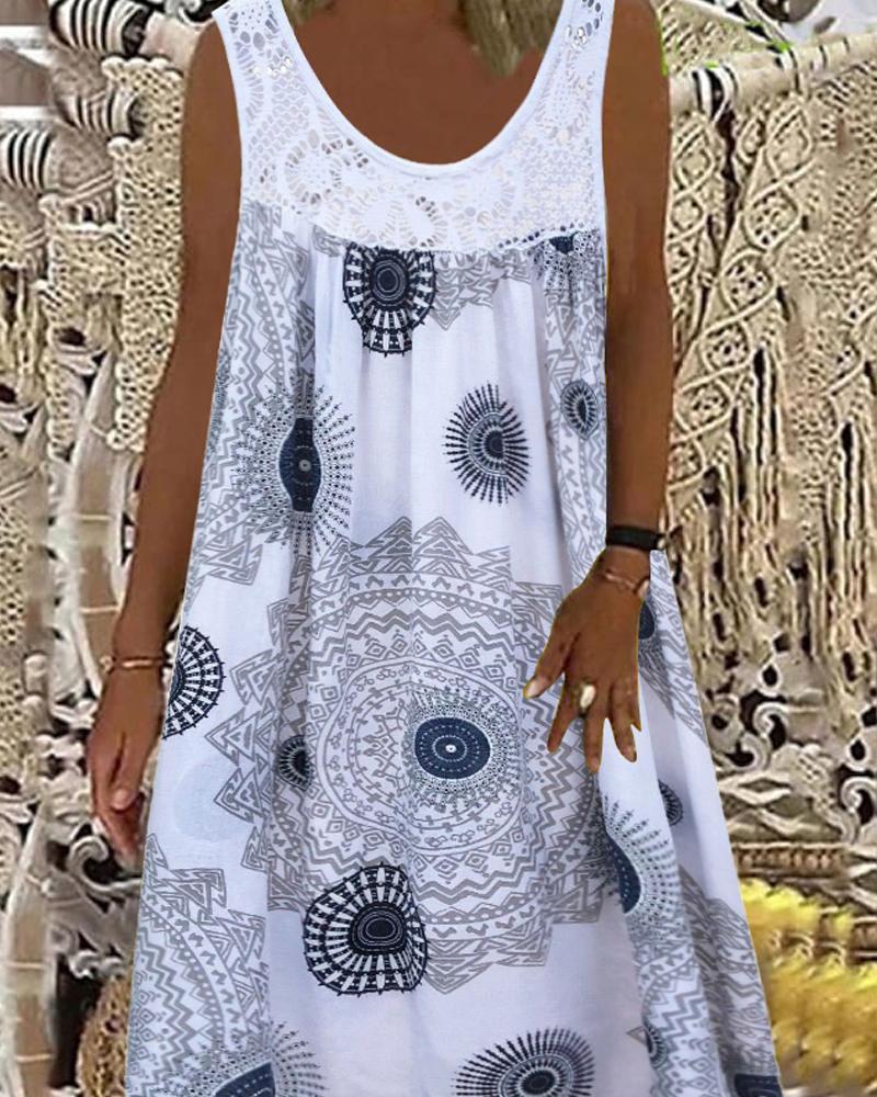

Vintage Geometric Print Sleeveless Casual Dress, White