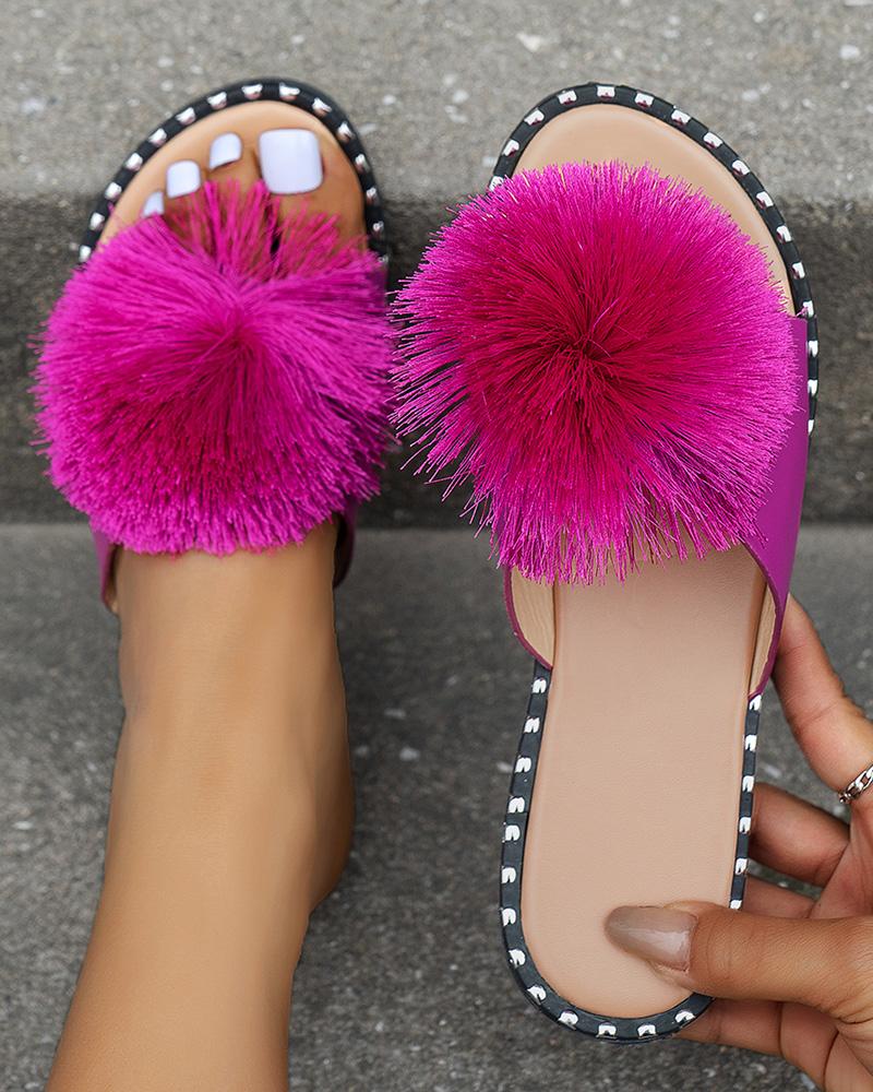 

Fuzzy Pom Pom Wide Strap Slippers, Purple
