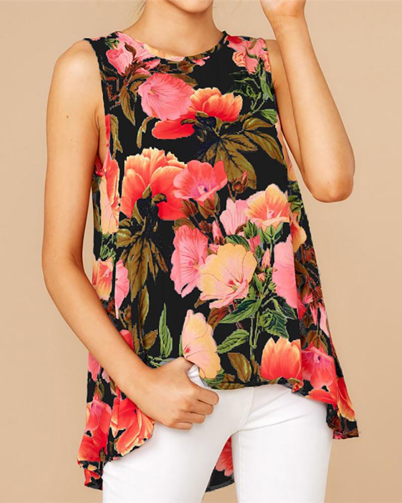 

Sleeveless Floral Round Neck Top, Black