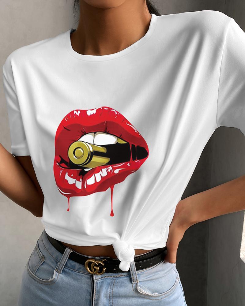 

Lips Print T-Shirt Casual Short Sleeve Fashion Tee, White