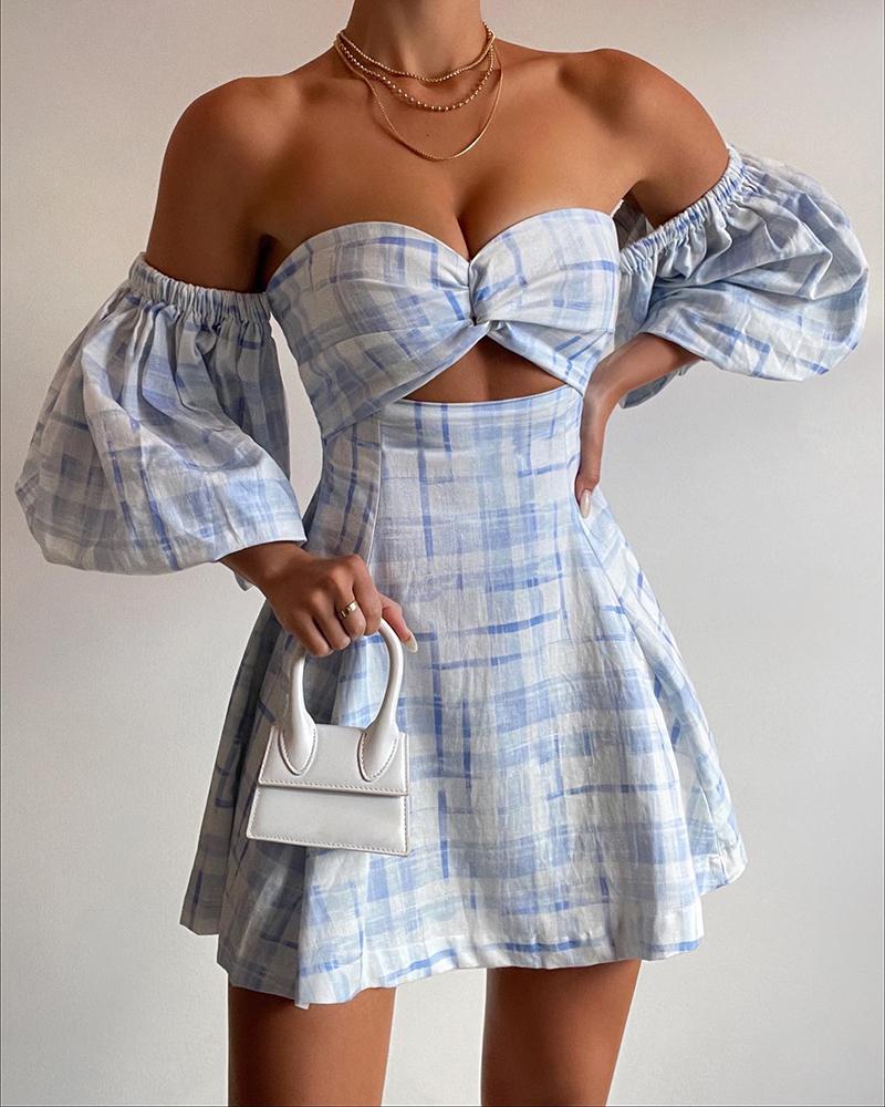

Off Shoulder Plaid Print Twisted Cutout Dress, Blue