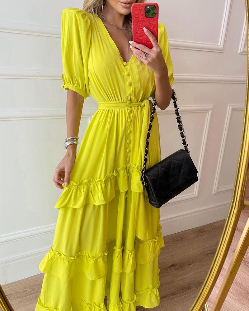 

Puff Sleeve Buttoned Ruffles Maxi Dress, Yellow