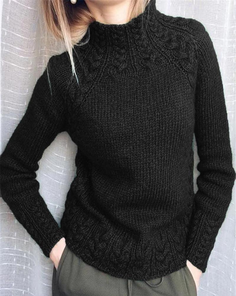 

Long Sleeve Mock Neck Casual Braided Sweater, Black