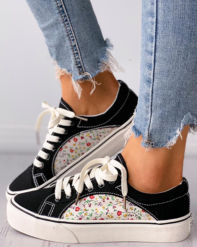 

Floral Print Colorblock Eyelet Lace-up Canvas Shoes, Black