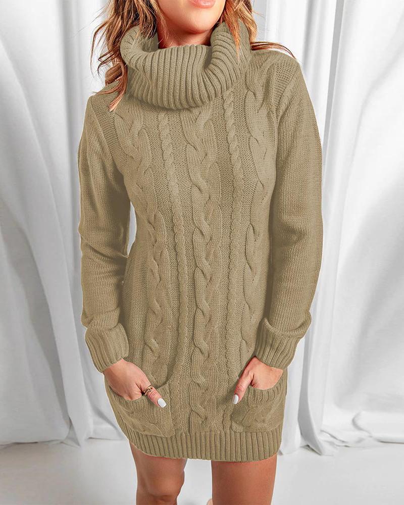 

Long Sleeve Turtleneck Cable Knit Sweater Dress, Khaki