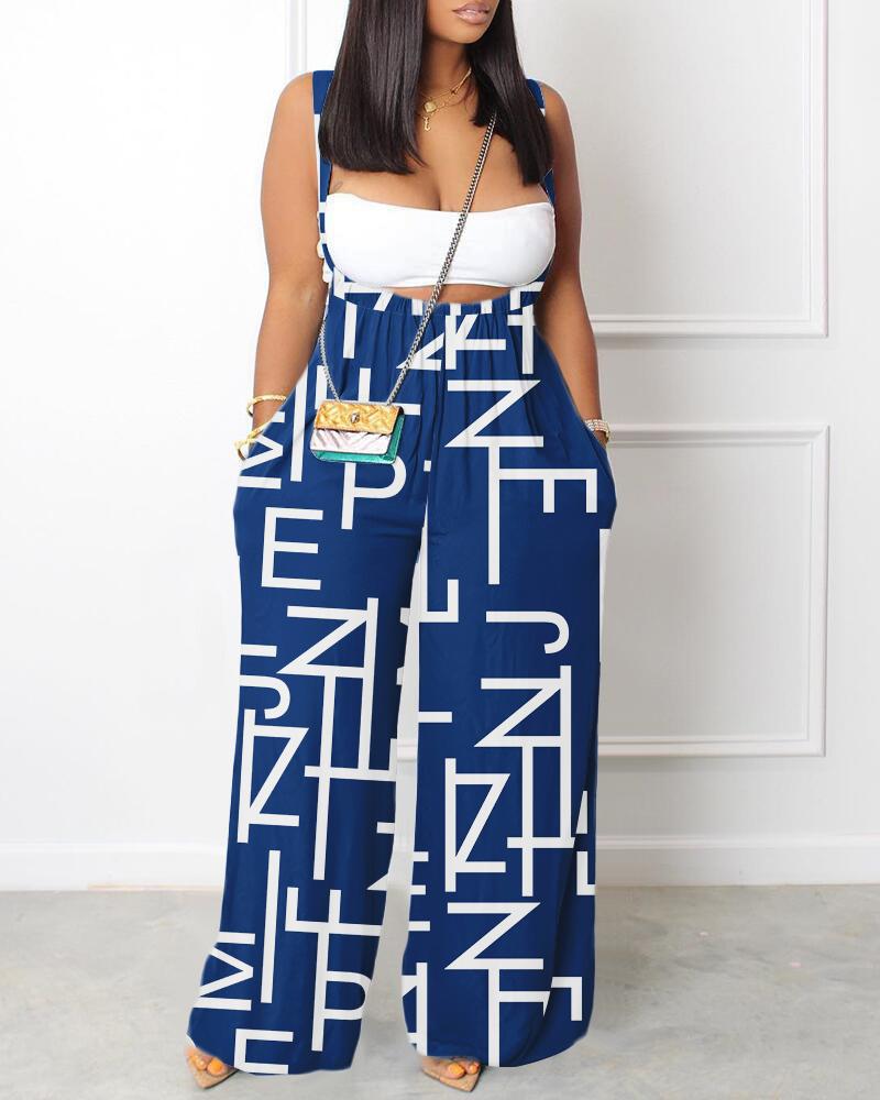 

Letter Print Wide Leg Suspender Jumpsuit, Blue