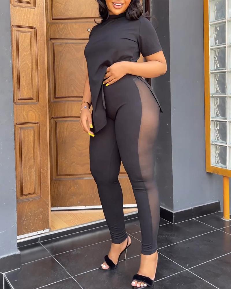 

Slit Top & High Waist Contrast Mesh Pants Set, Black