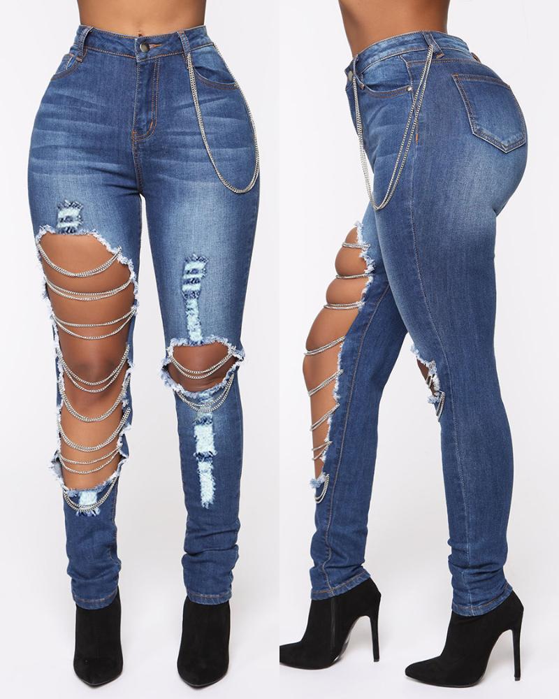 

Studded Strap Ripped Cutout Denim Pants, Blue