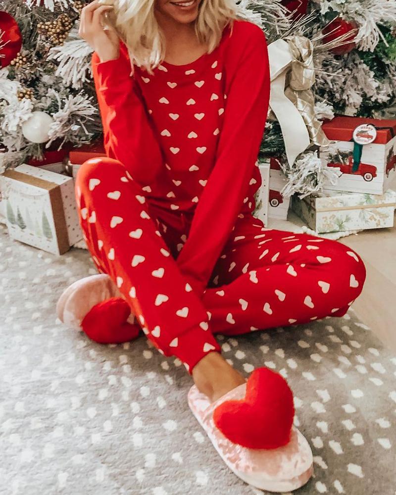 

Christmas Heart Print Long Sleeve Top & Pants Set, Red