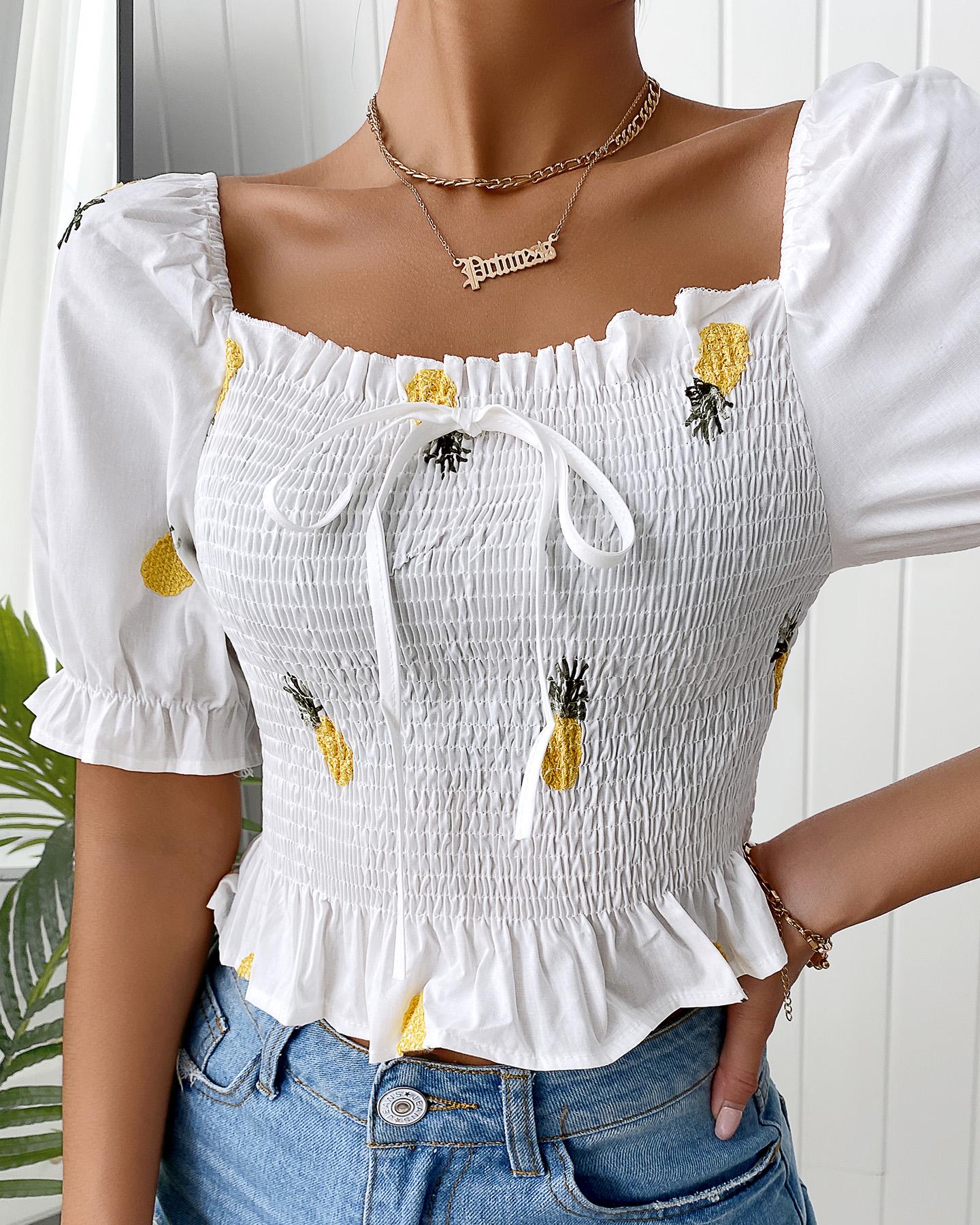 

Pineapple Print Shirring Detail Ruffles Top, Style1