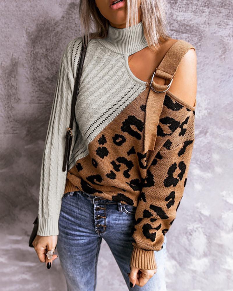 

Leopard Print Cutout One Shoulder Buckle Sweater, White