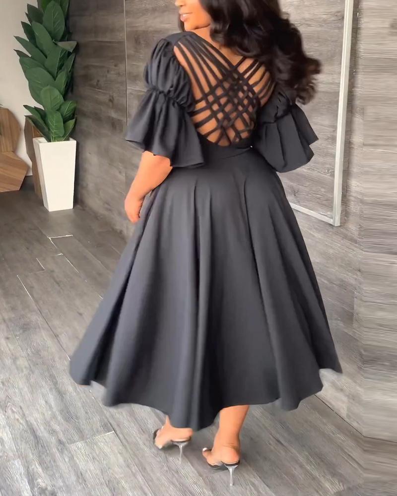 

Crisscross Backless Split Thigh Bell Sleeve Work Dress, Black