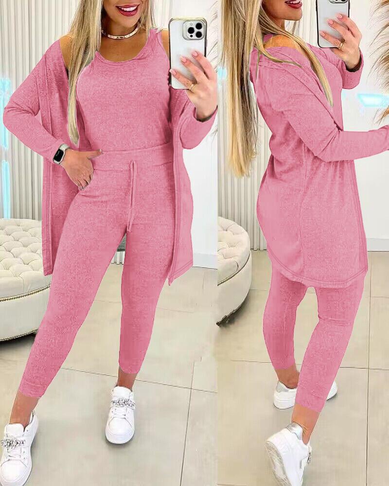 

Round Neck Tank Top & Drawstring Pants Set With Coat, Light pink