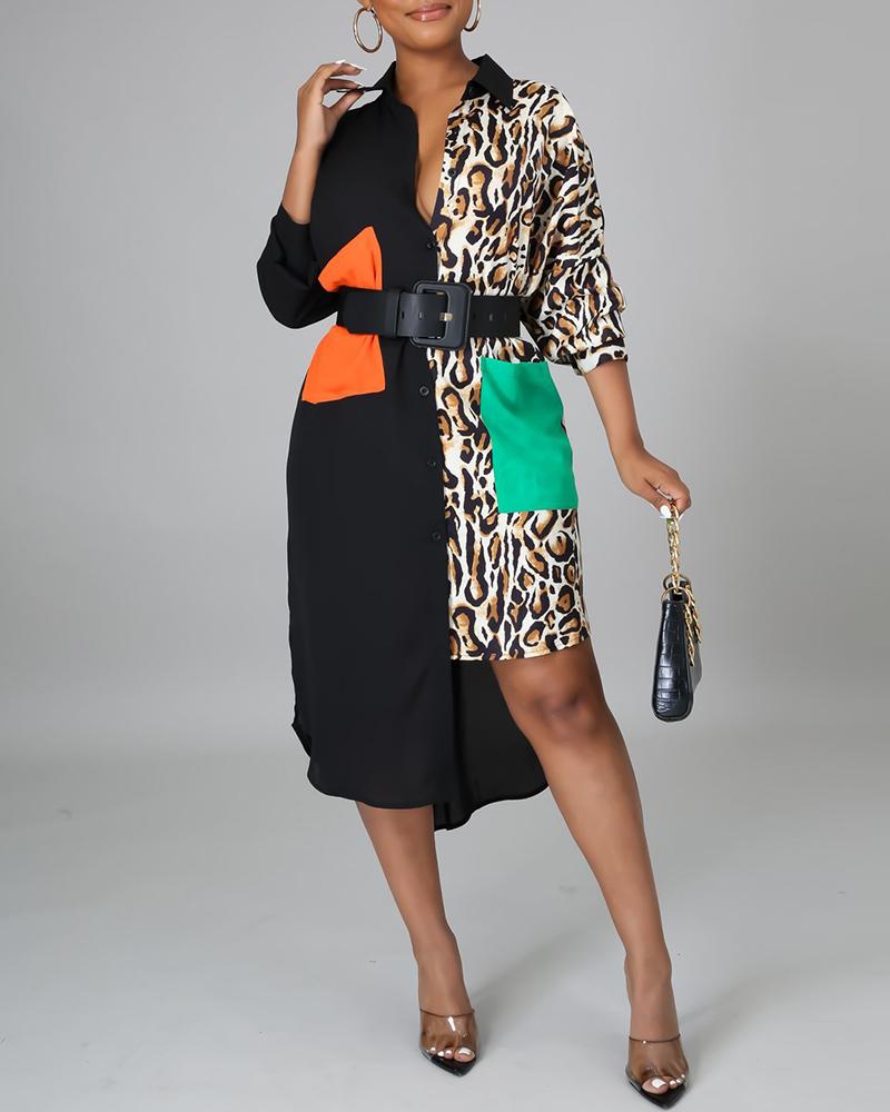 

Colorblock Leopard Print Pocket Decor Shirt Dress, Multicolor