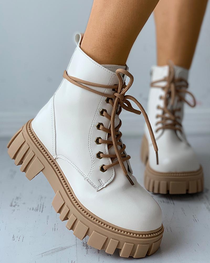

Eyelet Lace-up Colorblock Combat Boots, Beige