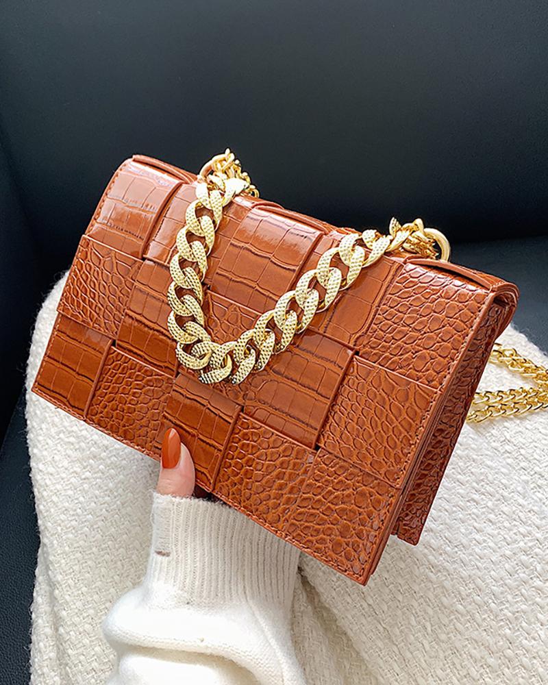 

Crocodile Braided Chain Strap Crossbody Handbag, Brown