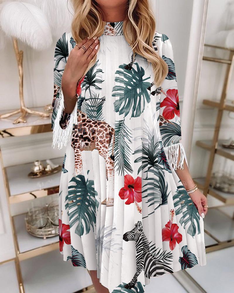 

Animal Print Fringe Hem Pleated Casual Dress, White