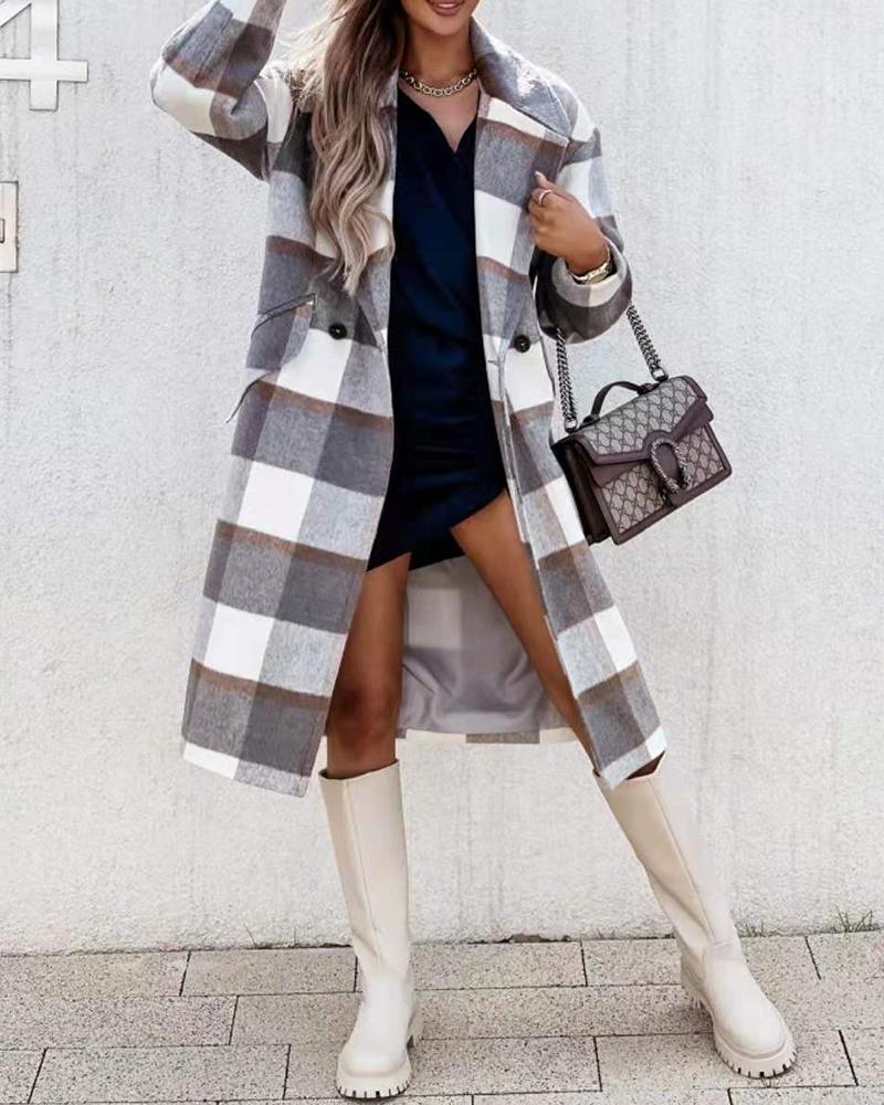 

Plaid Print Long Sleeve Buttoned Casual Coat, Gray