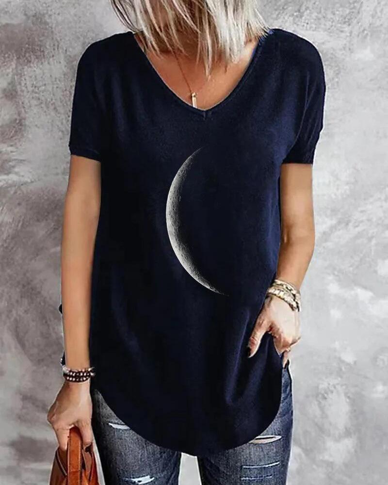 

Moon Print Short Sleeve T-shirt, Purplish blue