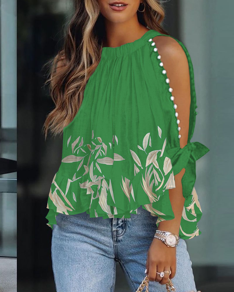 

Plants Print Beaded Decor Split Sleeve Top, Green