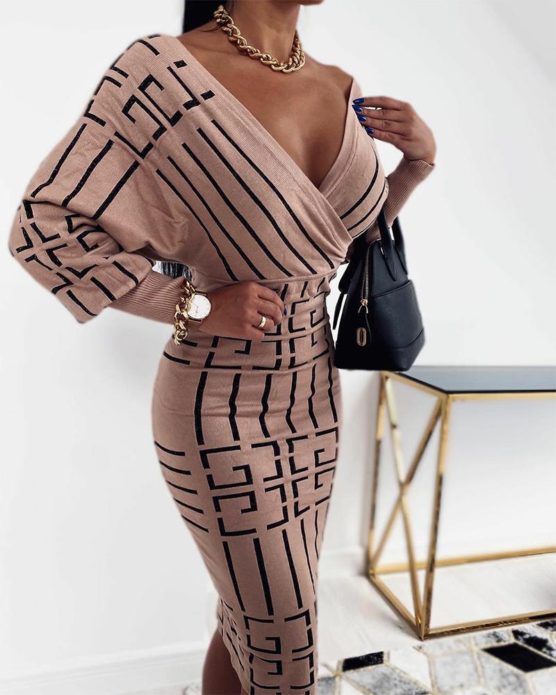 

Printing Long Sleeve Wrap Dress, Brown
